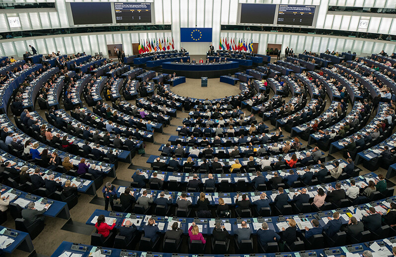 European Parliament in session, February 2020. CREDIT: <a href=https://flickr.com/photos/european_parliament/49524887688/in/album-72157713053981602/>European Union (CC)</a>.