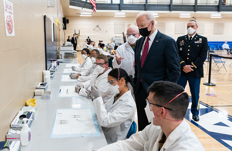 President Biden observes vaccine dosage preparations at Walter Reed National Military Medical Center in Maryland, January 29, 2021. CREDIT: <a href="https://www.flickr.com/photos/whitehouse/51145157658/">Official White House Photo by Adam Schultz</a> (<a href="https://www.usa.gov/government-works">U.S. Government Works</a>)