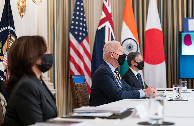 President Biden, Vice President Harris, & Secretary Blinken during a virtual Quad Summit with Australia, India, & Japan at the White House, March 2021. CREDIT: <a href="https://www.flickr.com/photos/whitehouse/51102889275/in/photostream/">Official White House Photo by Adam Schultz</a> <a href="https://www.usa.gov/government-works">(U.S. Government Works)</a>