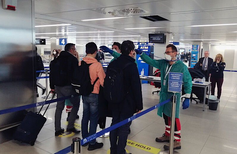 Health checkpoints at an airport in Milan, Italy on February 7, 2020. CREDIT: <a href= https://en.wikipedia.org/wiki/File:Emergenza_coronavirus_(49501382461).jpg> Protezione Civile (CC)</a>.