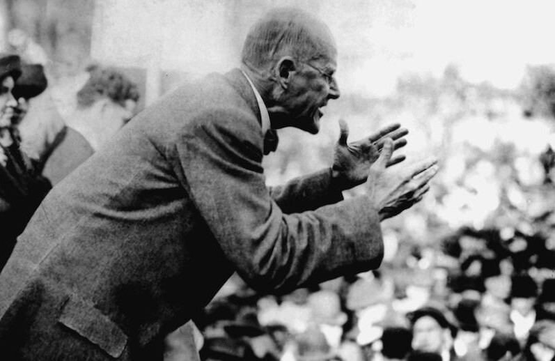Eugene Debs speaking in Canton, Ohio in 1918. He was arrested shortly thereafter on charges of sedition. CREDIT: <a href="https://commons.wikimedia.org/wiki/File:Debs_Canton_1918_large.jpg">CantonRep.com/Public Domain</a>