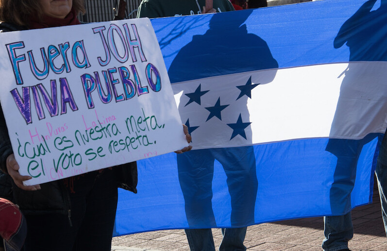 CREDIT: <a href="https://www.flickr.com/photos/43005015@N06/28158976819/">Peg Hunter</a>. Solidarity with Honduras rally, San Francisco, January 27, 2018   (<a href="https://creativecommons.org/licenses/by-nc/2.0/">CC</a>)