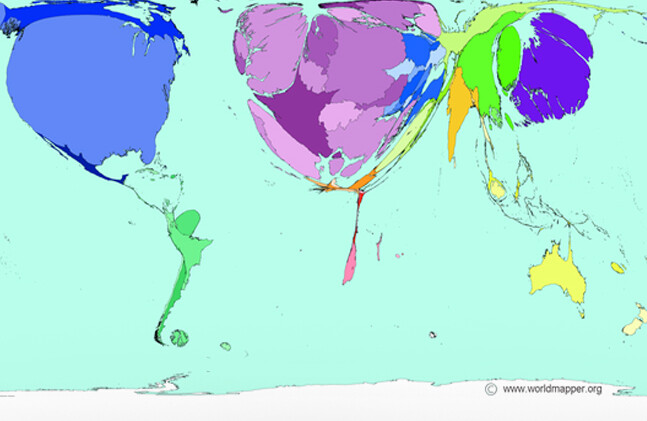 <a href="http://www.worldmapper.org/display.php?selected=205"> Science Research</a> by Worldmapper.<br> Territory size shows the proportion of all scientific papers published in 2001 written by authors living there.