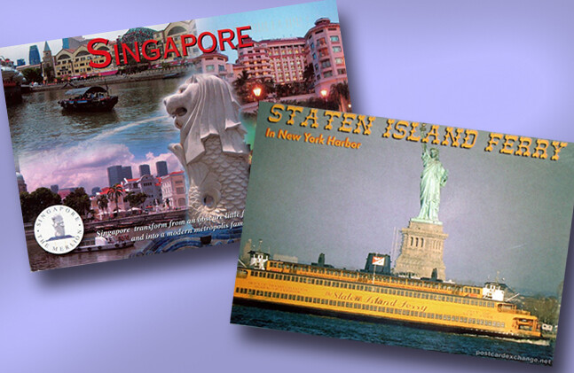 Photo of Singapore postcard by Michael Schneider and photo of Staten Island Ferry postcard by Adam79 (www.flickr.com) (CC)