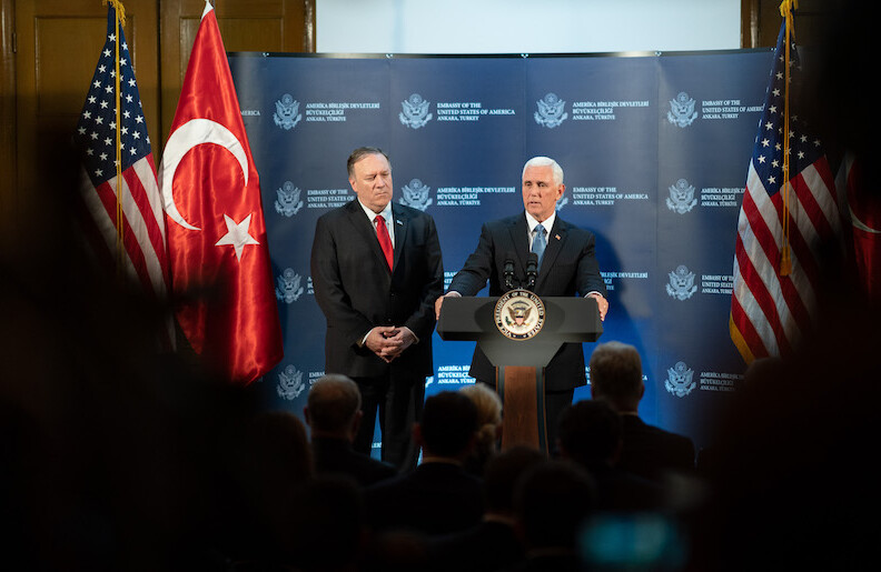 Secretary of State Mike Pompeo & Vice President Mike Pence in Turkey, October 17, 2019. CREDIT: <a href="https://www.flickr.com/photos/whitehouse/48919135551/">The White House/D. Myles Cullen/Public Domain</a>