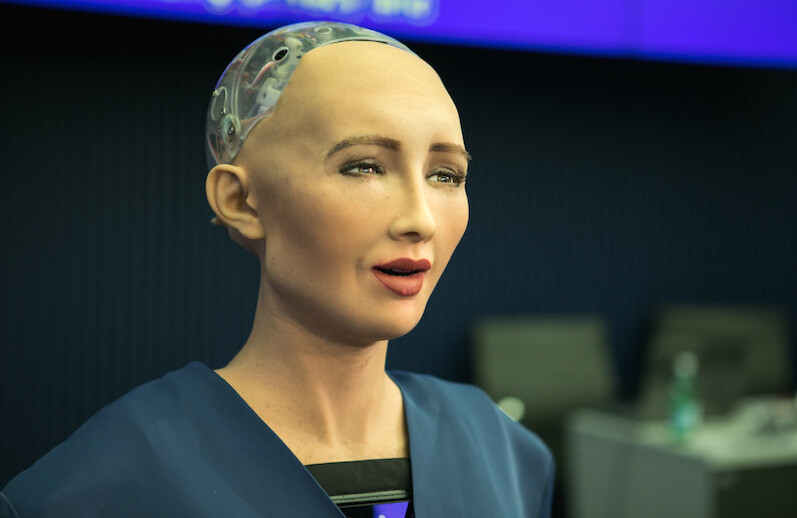 Sophia the robot, speaking at the AI for GOOD Global Summit, 2017. CREDIT: <a href="https://www.flickr.com/photos/itupictures/34328656564/">ITU Pictures</a> (<a href="https://creativecommons.org/licenses/by/2.0/">CC</a>)