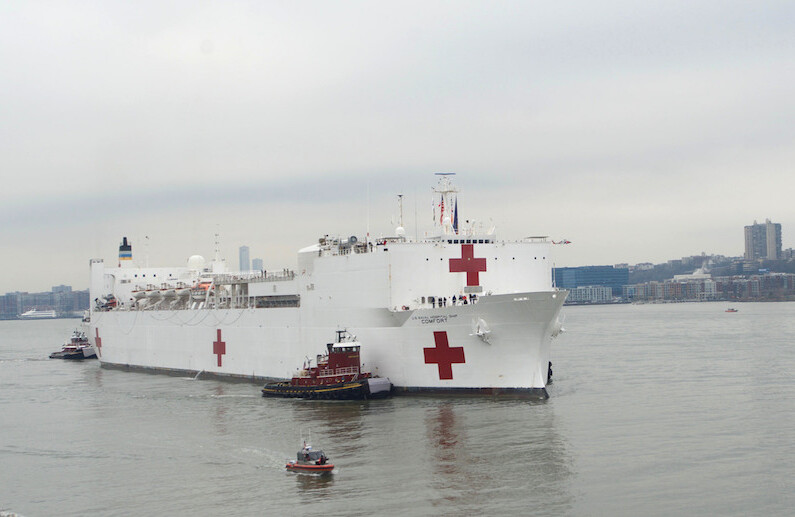 USNS <i>Comfort</i> arrives in New York City, March 30, 2020. CREDIT: <a href="https://www.flickr.com/photos/navymedicine/49721679586/in/photostream/">U.S. Navy photo by Mass Communications Specialist 2nd Class Adelola Tinubu (Public Domain)</a>