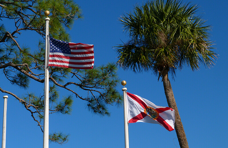 American and Floridian flags wave in Viera, FL. CREDIT: <a href=https://www.flickr.com/photos/rusty_clark/32170527104/>Rusty Clark (CC)</a>.