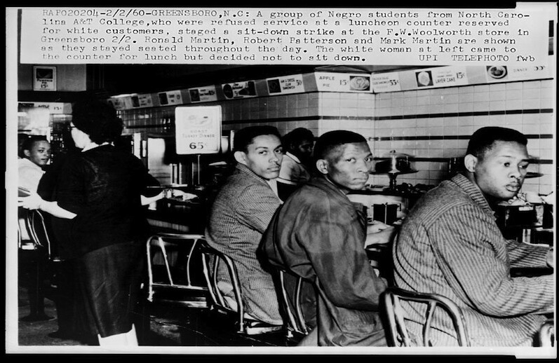 Sit-down strike after being refused service at a F.W. Woolworth luncheon counter, Greensboro, N.C., February 2, 1960. </br> CREDIT: <a href="http://www.loc.gov/pictures/resource/ppmsca.08095/">Library of Congress</a>
