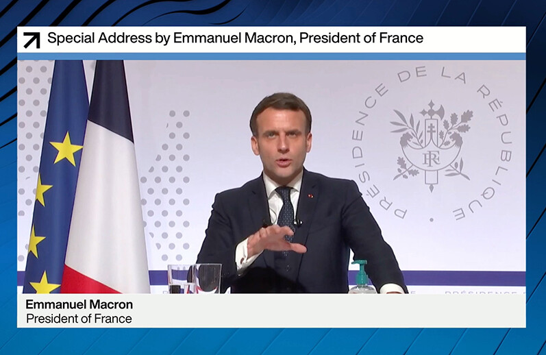 President Macron at the World Economic Forum's Davos Agenda, January 2021. <br>CREDIT: <a href="https://www.flickr.com/photos/worldeconomicforum/50877135273">World Economic Forum/Pascal Bitz</a> <a href="https://creativecommons.org/licenses/by-nc-sa/2.0/">(CC)</a>