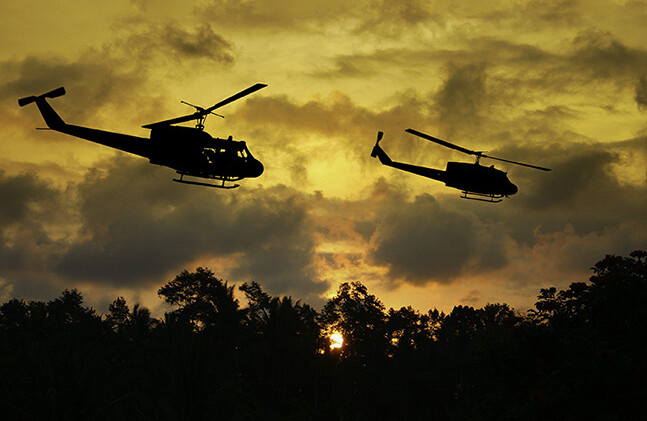 CREDIT: <a href="http://www.shutterstock.com/pic-140748628/stock-photo-vietnam-war-style-image-of-two-helicopters-flying-low-over-the-jungle-canopy-at-sunset-time.html?src=eqQ0lPosGSAB2mOKWHD-FQ-1-1">Shutterstock</a>.