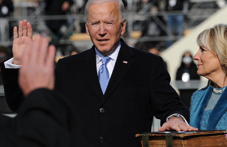 Joseph R. Biden, Jr. being sworn in as 46th president of the United States, January 20, 2021. <br>CREDIT: <a href="https://commons.wikimedia.org/wiki/File:President_Biden_taking_oath_of_office_(cropped).png">Joint Congressional Committee on Inaugural Ceremonies/Public Domain</a>