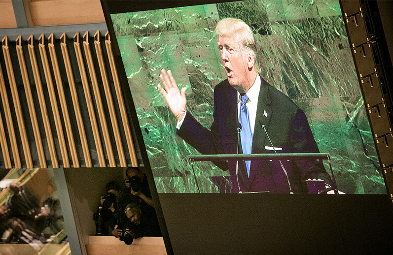 President Trump at the 2017 UN General Assembly. CREDIT: <a href=https://www.flickr.com/photos/un_photo/37501289212/>UN Photo/Ariana Lindquist (CC)</a>.