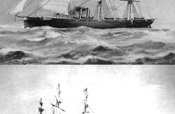 USS Niagara (top) and HMS Agamemnon, the ships that <br>connected Newfoundland and Ireland with the first <br>trans-Atlantic telegraph cable.