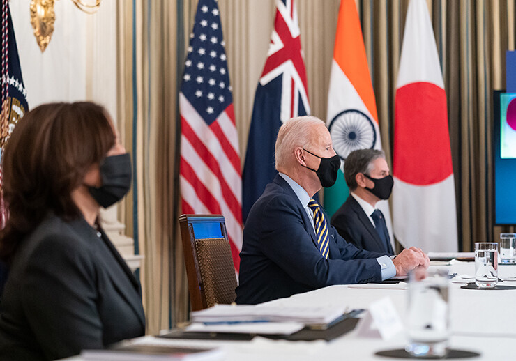 President Biden, Vice President Harris, & Secretary Blinken during a virtual Quad Summit with Australia, India, & Japan at the White House, March 2021. CREDIT: <a href="https://www.flickr.com/photos/whitehouse/51102889275/in/photostream/">Official White House Photo by Adam Schultz</a> <a href="https://www.usa.gov/government-works">(U.S. Government Works)</a>