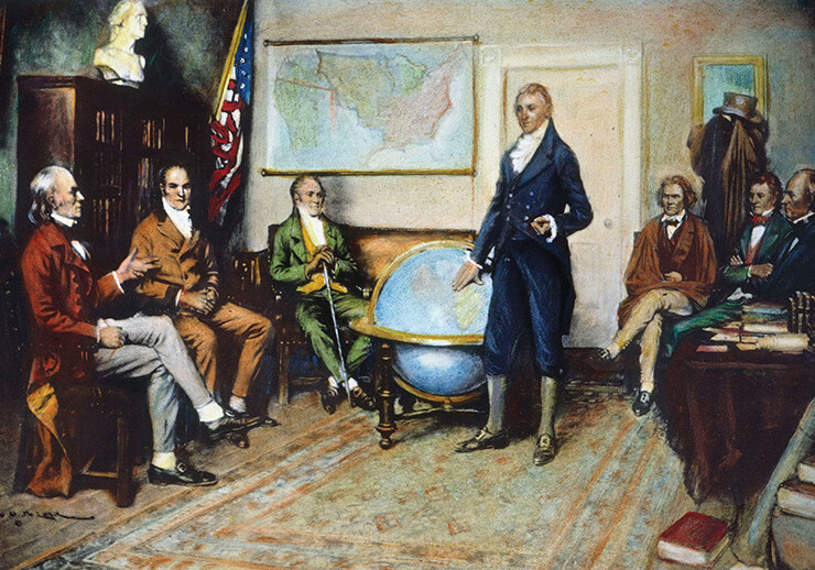 United States President James Monroe presides over a cabinet meeting, 1823. CREDIT: <a href="https://commons.wikimedia.org/wiki/File:James_Monroe_Cabinet.jpg">Granger Historical Picture Archive/Wikimedia</a> <a href="https://creativecommons.org/share-your-work/public-domain/">(Public Domain)</a>