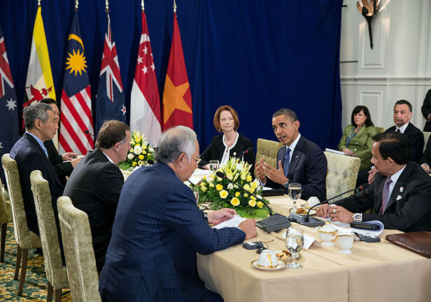 Obama attends TPP meeting at the ASEAN Summit in Cambodia, Nov. 20, 2012. CREDIT: <a href="https://www.flickr.com/photos/whitehouse/8247637207/in/photolist-dyPicv" target="_blank">The White House</a>