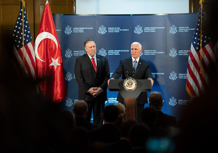 Secretary of State Mike Pompeo & Vice President Mike Pence in Turkey, October 17, 2019. CREDIT: <a href="https://www.flickr.com/photos/whitehouse/48919135551/">The White House/D. Myles Cullen/Public Domain</a>