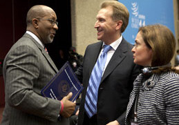 USTR Ron Kirk congratulates Russia's Trade <br>Minister Elvira Nabiullina on Russia's WTO <br>accession in Geneva in 2011. <br>CREDIT: <a href="http://www.flickr.com/photos/us-mission/6526054755/in/set-72157628440587473">US Mission Geneva</a>