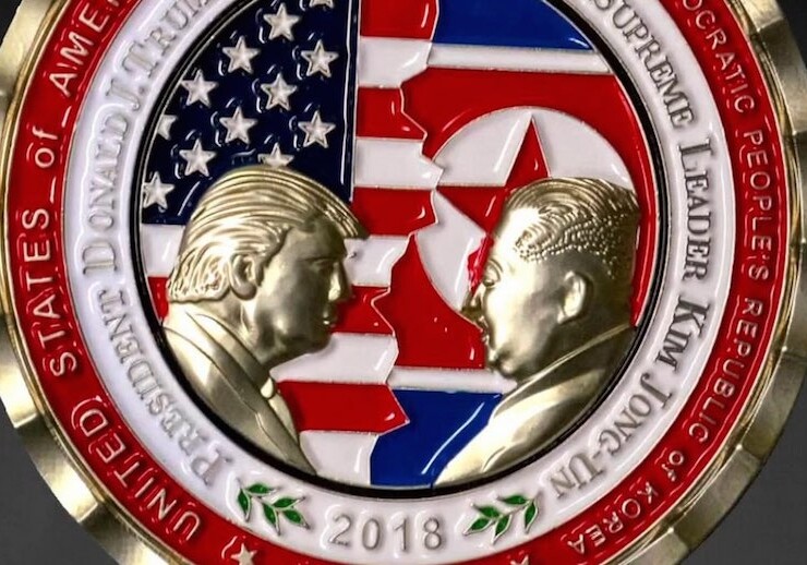 Commemorative medallion for the 2018 North Korea–United States summit issued by the White House Communications Agency. CREDIT: White House Communications Agency via <a href="https://commons.wikimedia.org/wiki/File:2018_Trump-Kim_summit_commemorative_coin.jpg">Wikipedia</a>