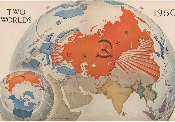 On this anti-Communist map, the dark red of the USSR fills the space, while the U.S. is barely visible over the horizon. Time Magazine. Source: Cornell University – <a href="https://digital.library.cornell.edu/catalog/ss:3293969">PJ Mode Collection of Persuasive Cartography</a>