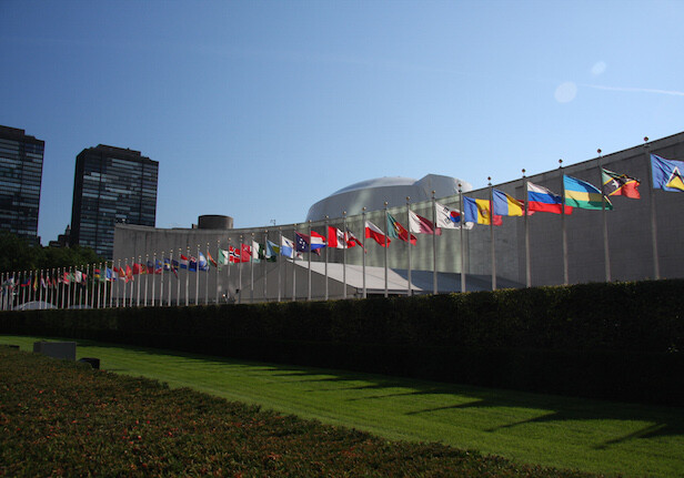 UN General Assembly, New York City. CREDIT: <a href="https://commons.wikimedia.org/wiki/File:UN_General_Assembly_bldg_flags.JPG">Yerpo</a> <a href="https://creativecommons.org/licenses/by-sa/3.0/deed.en">(CC)</a>