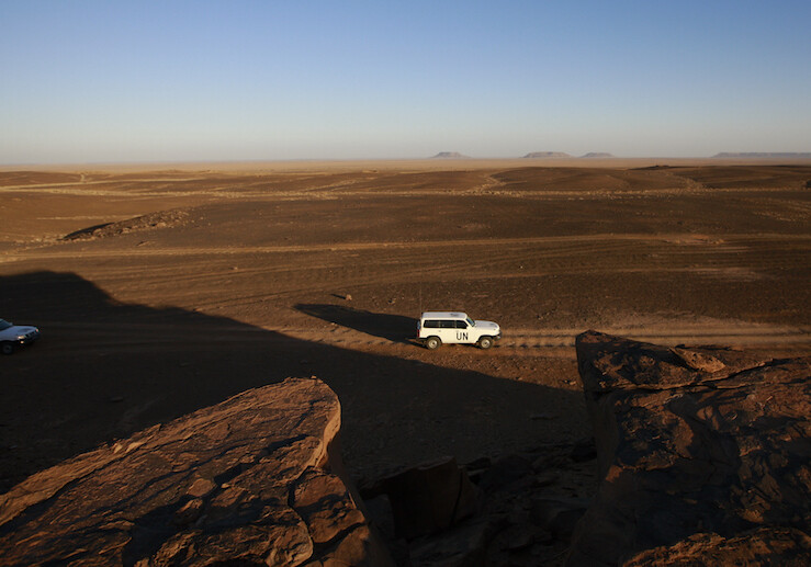 UN patrol team, Western Sahara. CREDIT: <a href="https://www.flickr.com/photos/un_photo/7443183172">UN Photo/Martine Perret</a>.