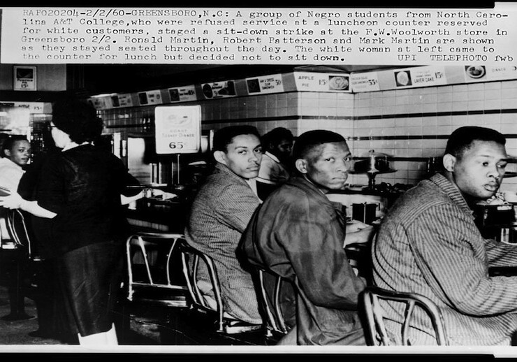 Sit-down strike after being refused service at a F.W. Woolworth luncheon counter, Greensboro, N.C., February 2, 1960. </br> CREDIT: <a href="http://www.loc.gov/pictures/resource/ppmsca.08095/">Library of Congress</a>