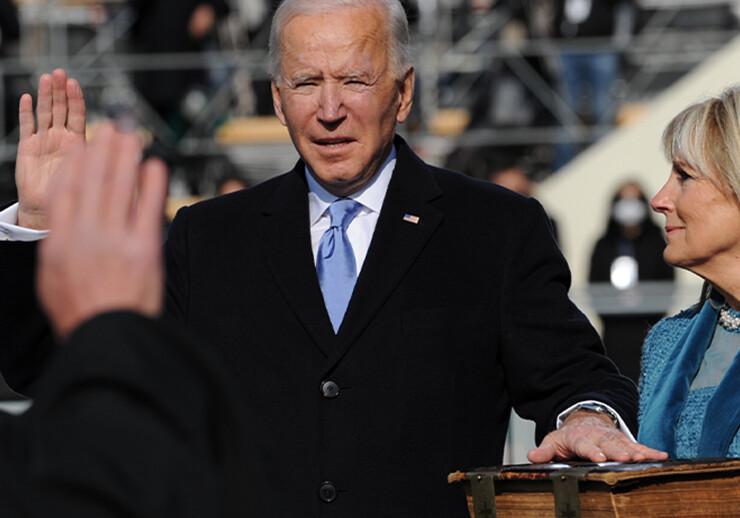 Joseph R. Biden, Jr. being sworn in as 46th president of the United States, January 20, 2021. <br>CREDIT: <a href="https://commons.wikimedia.org/wiki/File:President_Biden_taking_oath_of_office_(cropped).png">Joint Congressional Committee on Inaugural Ceremonies/Public Domain</a>