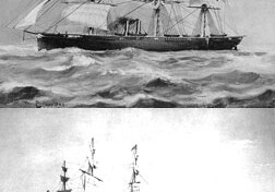 USS Niagara (top) and HMS Agamemnon, the ships that <br>connected Newfoundland and Ireland with the first <br>trans-Atlantic telegraph cable.