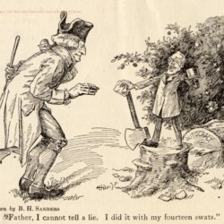 This cartoon uses the popular story of George Washington cutting down a cherry tree and depicts Wilson eliminating autocracy. February 22, 1919. CREDIT: <a href="https://hti.osu.edu/opper/lesson-plans/wilsons-14-points/images/father-i-cannot-tell-a-lie">B.H. Sanders</a> <a href"https://hti.osu.edu/opper/credits">(Opper Project)</a>
