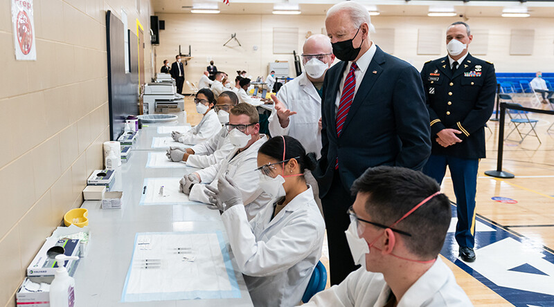 President Biden observes vaccine dosage preparations at Walter Reed National Military Medical Center in Maryland, January 29, 2021. CREDIT: <a href="https://www.flickr.com/photos/whitehouse/51145157658/">Official White House Photo by Adam Schultz</a> (<a href="https://www.usa.gov/government-works">U.S. Government Works</a>)