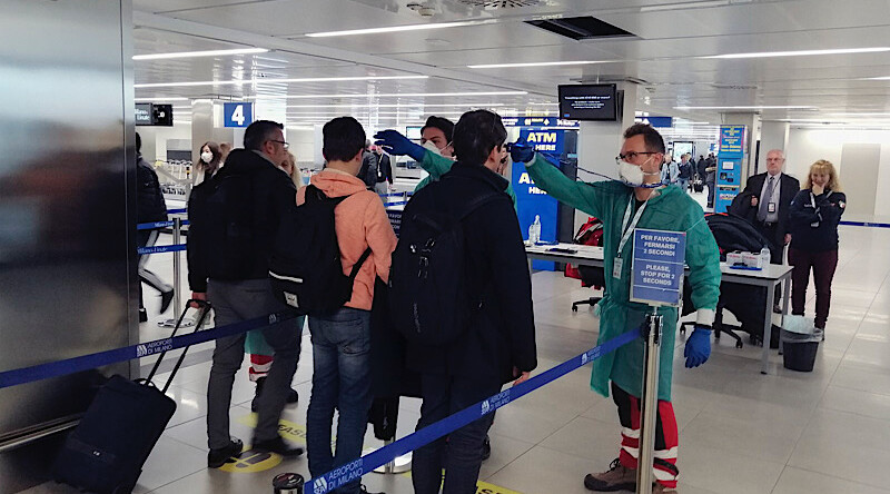 Health checkpoints at an airport in Milan, Italy on February 7, 2020. CREDIT: <a href= https://en.wikipedia.org/wiki/File:Emergenza_coronavirus_(49501382461).jpg> Protezione Civile (CC)</a>.