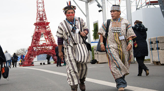Indigenous Peruvians, COP21 UN Climate Summit, 2015. Credit: Ryan Rodrick Beiler, <a href="http://www.shutterstock.com/pic-350445248/stock-photo-paris-november-indi