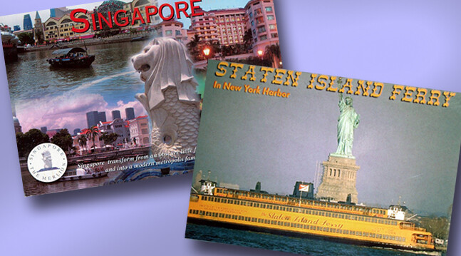 Photo de la carte postale de Singapour par Michael Schneider et photo de la carte postale du Staten Island Ferry par Adam79 (www.flickr.com) (CC)