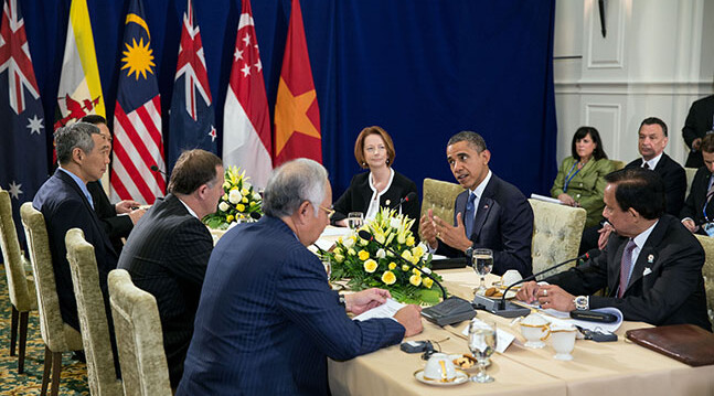 Obama attends TPP meeting at the ASEAN Summit in Cambodia, Nov. 20, 2012. CREDIT: <a href="https://www.flickr.com/photos/whitehouse/8247637207/in/photolist-dyPicv" target="_blank">The White House</a>