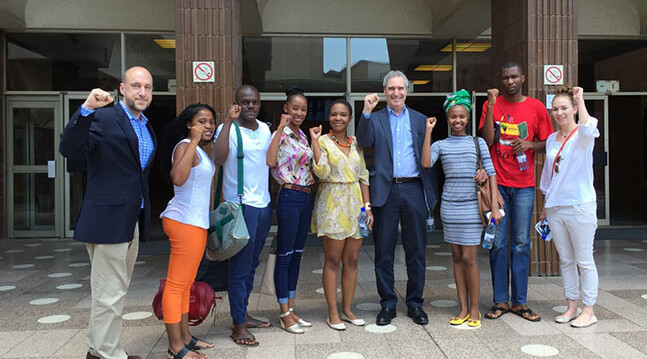 Devin Stewart (on left) and Michael Ignatieff (center) with student leaders and activists at the University of Pretoria, South Africa.