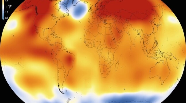 NASA, NOAA analyses reveal record-shattering global warm temperatures in 2015. CREDIT: <a href=<"https://commons.wikimedia.org/wiki/File:16-008-NASA-2015RecordWarmGlobalYearSince1880-20160120.png">NASA</a>