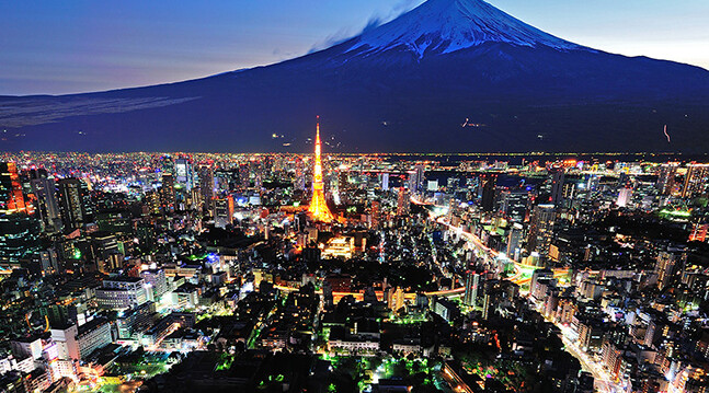 <a href="http://www.shutterstock.com/pic-78968362/stock-photo-mt-fuji-and-tokyo-city-in-twilight.html">Tokyo and Mt. Fuji</a> via Shutterstock