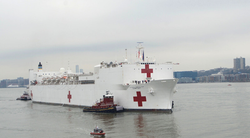 USNS <i>Comfort</i> arrives in New York City, March 30, 2020. CREDIT: <a href="https://www.flickr.com/photos/navymedicine/49721679586/in/photostream/">U.S. Navy photo by Mass Communications Specialist 2nd Class Adelola Tinubu (Public Domain)</a>