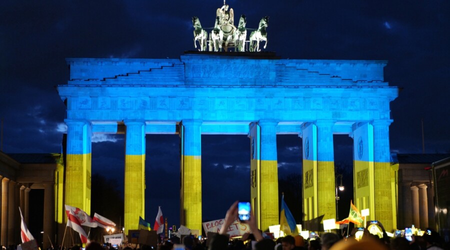 Brandenburg Gate in Berlin in lit up in Ukraine's colors, February 2022.