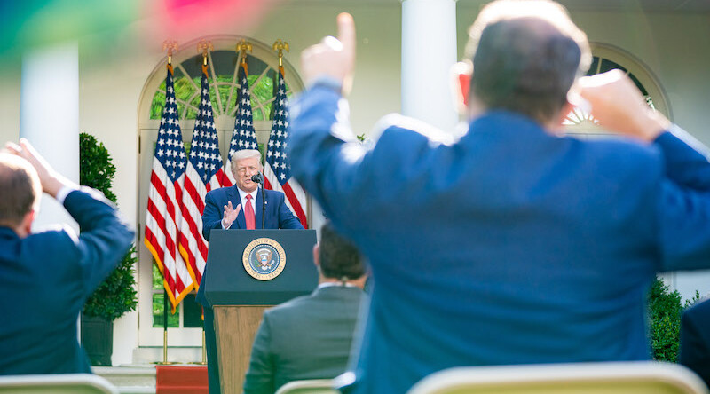 White House press conference, July 14, 2020. CREDIT: <a href="https://www.flickr.com/photos/whitehouse/50115849402/">The White House/Tia Dufour/Public Domain</a>.