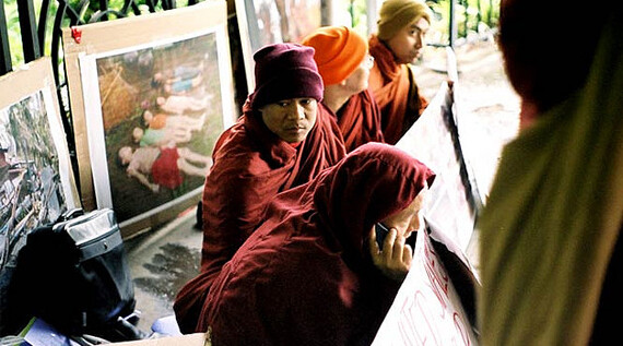 Burmese monks protest the slow response to Cyclone Nargis. CREDIT: <a href="http://flickr.com/photos/northcountryboy/2505122369">Sean Ng</a> (<a href="http://creativecommons.org/licenses/by-nc-nd/2.0/deed.en">CC</a>).