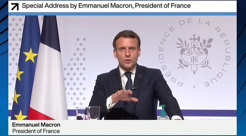 President Macron at the World Economic Forum's Davos Agenda, January 2021. <br>CREDIT: <a href="https://www.flickr.com/photos/worldeconomicforum/50877135273">World Economic Forum/Pascal Bitz</a> <a href="https://creativecommons.org/licenses/by-nc-sa/2.0/">(CC)</a>