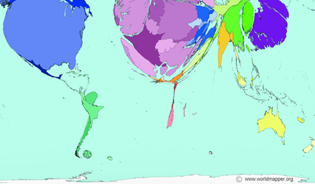 <a href="http://www.worldmapper.org/display.php?selected=205"> Science Research</a> by Worldmapper.<br> Territory size shows the proportion of all scientific papers published in 2001 written by authors living there.