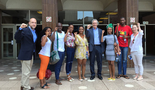 Devin Stewart (on left) and Michael Ignatieff (center) with student leaders and activists at the University of Pretoria, South Africa.