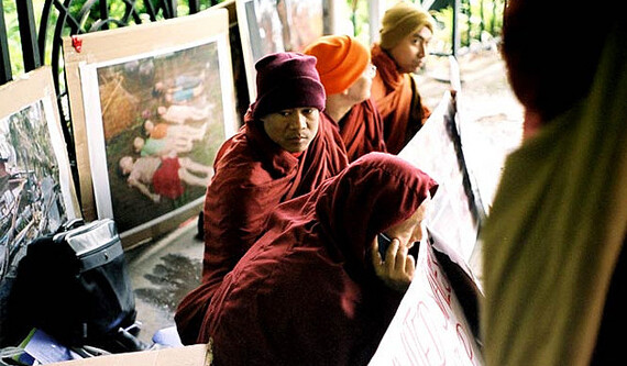 Burmese monks protest the slow response to Cyclone Nargis. CREDIT: <a href="http://flickr.com/photos/northcountryboy/2505122369">Sean Ng</a> (<a href="http://creativecommons.org/licenses/by-nc-nd/2.0/deed.en">CC</a>).