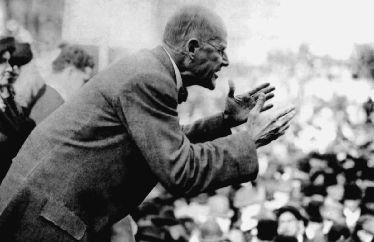 Eugene Debs speaking in Canton, Ohio in 1918. He was arrested shortly thereafter on charges of sedition. CREDIT: <a href="https://commons.wikimedia.org/wiki/File:Debs_Canton_1918_large.jpg">CantonRep.com/Public Domain</a>