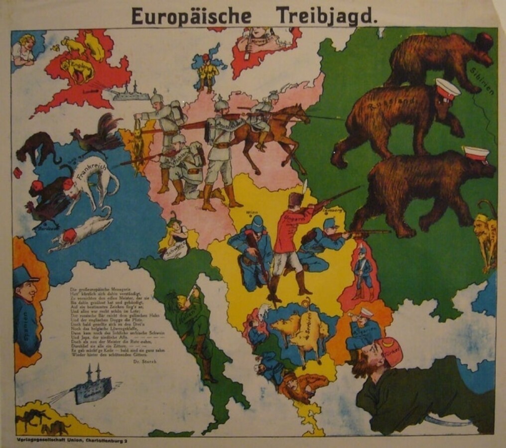 Figure 2. German propaganda map from WWI. This map shows how the Germans viewed themselves and Austria-Hungary as having to fend off surrounding nations. Anonymous map printed in 1914 by the Verlagsgesellschaft Union in Charlottenburg, a suburb of Berlin. Image courtesy of Tim Bryars Ltd.