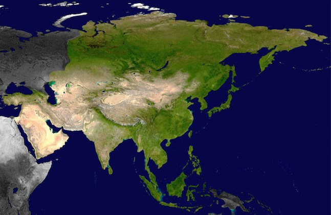 NASA satellite photo of Asia via <a href=" https://commons.wikimedia.org/wiki/Asia#/media/File:Asia_satellite_plane_shaded.jpg ">Wikimedia </a>